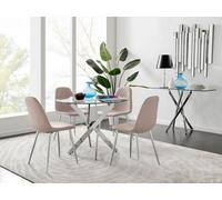 FurnitureboxUK Novara Clear Tempered Glass 100cm Round Dining Table with Chrome Starburst Legs & 4 Corona Faux Leather Silver Leg Chairs in Beige FurnitureboxUK Beige