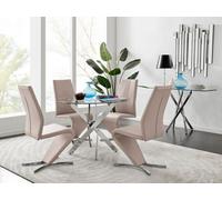 Furniturebox Novara Clear Tempered Glass 100Cm Round Dining Table With Chrome Starburst Legs & 4 Beige Willow Faux Leather Chairs