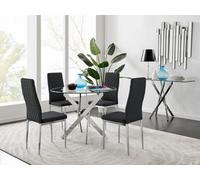 FurnitureboxUK Novara Clear Tempered Glass 100cm Round Dining Table with Chrome Starburst Legs & 4 Milan Faux Leather Chairs in Black FurnitureboxUK Black