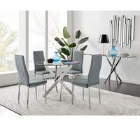FurnitureboxUK Novara Clear Tempered Glass 100cm Round Dining Table with Chrome Starburst Legs & 4 Milan Faux Leather Chairs in Grey FurnitureboxUK Grey