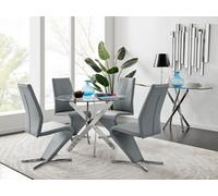 Furniturebox Novara Clear Tempered Glass 100Cm Round Dining Table With Chrome Starburst Legs & 4 Grey Willow Faux Leather Chairs