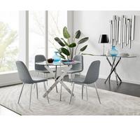 FurnitureboxUK Novara Clear Tempered Glass 100cm Round Dining Table with Chrome Starburst Legs & 4 Corona Faux Leather Silver Leg Chairs in Grey FurnitureboxUK Grey
