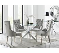 Furniturebox Novara Clear Tempered Glass 100Cm Round Dining Table With Chrome Starburst Legs & 4 Grey Belgravia Velvet Chairs