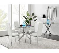 FurnitureboxUK Novara Clear Tempered Glass 100cm Round Dining Table with Chrome Starburst Legs & 4 Milan Faux Leather Chairs in White FurnitureboxUK White