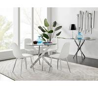 FurnitureboxUK Novara Clear Tempered Glass 100cm Round Dining Table with Chrome Starburst Legs & 4 Corona Faux Leather Silver Leg Chairs in White FurnitureboxUK White
