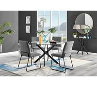 Furniturebox Novara Clear Tempered Glass 120Cm Round Dining Table With Black Starburst Legs & 4 Dark Grey Halle Soft Fabric Chairs