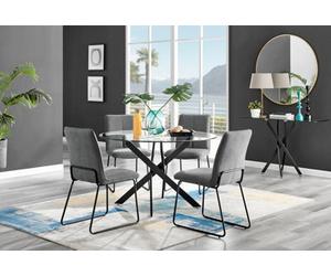 Furniturebox Novara Clear Tempered Glass 120Cm Round Dining Table With Black Starburst Legs & 4 Dark Grey Halle Soft Fabric Chairs