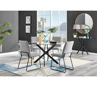 Furniturebox Novara Clear Tempered Glass 120Cm Round Dining Table With Black Starburst Legs & 4 Light Grey Halle Fabric Chairs