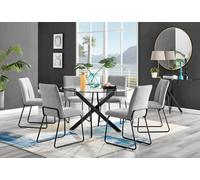 Furniturebox Novara Clear Tempered Glass 120Cm Round Dining Table With Black Starburst Legs & 6 Cream Halle Soft Fabric Chairs