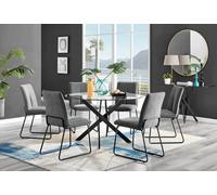 Furniturebox Novara Clear Tempered Glass 120Cm Round Dining Table With Black Starburst Legs & 6 Dark Grey Halle Soft Fabric Chairs