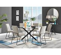 Furniturebox Novara Clear Tempered Glass 120Cm Round Dining Table With Black Starburst Legs & 6 Taupe Halle Soft Fabric Chairs