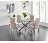 Furniturebox Novara Clear Tempered Glass 120Cm Round Dining Table With Chrome Starburst Legs & 4 Beige Milan Faux Leather Chairs