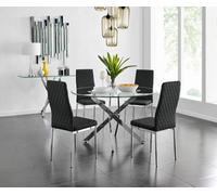 Furniturebox Novara Clear Tempered Glass 120Cm Round Dining Table With Chrome Starburst Legs & 4 Black Milan Faux Leather Chairs