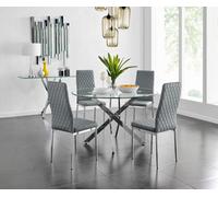 Furniturebox Novara Clear Tempered Glass 120Cm Round Dining Table With Chrome Starburst Legs & 4 Grey Milan Faux Leather Chairs