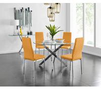 Furniturebox Novara Clear Tempered Glass 120Cm Round Dining Table With Chrome Starburst Legs & 4 Mustard Milan Faux Leather Chairs