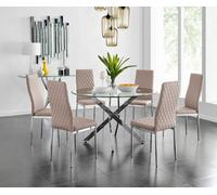 Furniturebox Novara Clear Tempered Glass 120Cm Round Dining Table With Chrome Starburst Legs & 6 Beige Milan Faux Leather Chairs