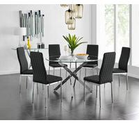 Furniturebox Novara Clear Tempered Glass 120Cm Round Dining Table With Chrome Starburst Legs & 6 Black Milan Faux Leather Chairs