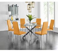 Furniturebox Novara Clear Tempered Glass 120Cm Round Dining Table With Chrome Starburst Legs & 6 Mustard Milan Faux Leather Chairs
