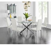 Furniturebox Novara Clear Tempered Glass 120Cm Round Dining Table With Chrome Starburst Legs & 6 White Milan Faux Leather Chairs