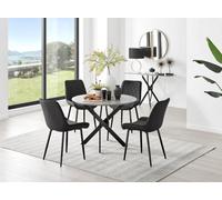 Furniturebox Novara Grey Concrete Effect 100Cm Round Dining Table With Black Starburst Legs & 4 Black Pesaro Velvet Chairs