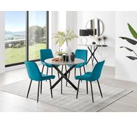 Furniturebox Novara Grey Concrete Effect 100Cm Round Dining Table With Black Starburst Legs & 4 Blue Pesaro Velvet Chairs