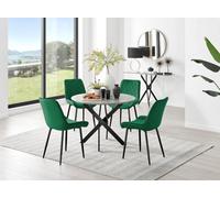 Furniturebox Novara Grey Concrete Effect 100Cm Round Dining Table With Black Starburst Legs & 4 Green Pesaro Velvet Chairs