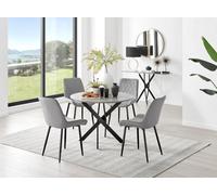 Furniturebox Novara Grey Concrete Effect 100Cm Round Dining Table With Black Starburst Legs & 4 Grey Pesaro Velvet Chairs