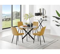 Furniturebox Novara Grey Concrete Effect 100Cm Round Dining Table With Black Starburst Legs & 4 Mustard Pesaro Velvet Chairs