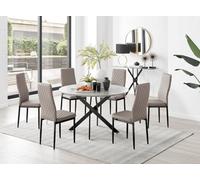 Furniturebox Novara Grey Concrete Effect 120Cm Round Dining Table With Black Starburst Legs & 6 Beige Milan Faux Leather Chairs