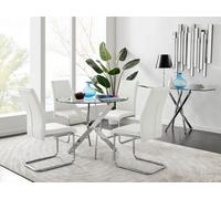 FurnitureboxUK Novara Clear Tempered Glass 100cm Round Dining Table with Chrome Starburst Legs & 4 Lorenzo Faux Leather Chairs in White FurnitureboxUK White