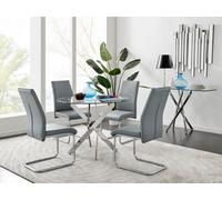 FurnitureboxUK Novara Clear Tempered Glass 100cm Round Dining Table with Chrome Starburst Legs & 4 Lorenzo Faux Leather Chairs in Grey FurnitureboxUK Grey