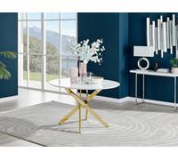 Furniturebox Novara Round White High Gloss And Gold Metal 4 - 6 Seater Dining Table - Round Dining Table - 6 Seater Dining Table