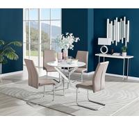 Furniturebox Novara White High Gloss 100Cm Round Dining Table With Chrome Starburst Legs & 4 Beige Lorenzo Faux Leather Chairs