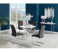Furniturebox Novara White High Gloss 100Cm Round Dining Table With Chrome Starburst Legs & 4 Black Lorenzo Faux Leather Chairs