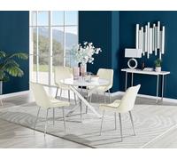 Furniturebox Novara White High Gloss 100Cm Round Dining Table With Chrome Starburst Legs & 4 Cream Pesaro Velvet Chairs