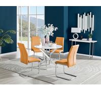 Furniturebox Novara White High Gloss 100Cm Round Dining Table With Chrome Starburst Legs & 4 Mustard Lorenzo Faux Leather Chairs