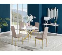 Furniturebox Novara White High Gloss 100Cm Round Dining Table With Gold Starburst Legs & 4 Beige Milan Faux Leather Chairs