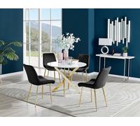 Furniturebox Novara White High Gloss 100Cm Round Dining Table With Gold Starburst Legs & 4 Black Pesaro Velvet Chairs