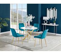 Furniturebox Novara White High Gloss 100Cm Round Dining Table With Gold Starburst Legs & 4 Blue Pesaro Velvet Chairs