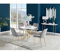 Furniturebox Novara White High Gloss 100Cm Round Dining Table With Gold Starburst Legs & 4 Grey Pesaro Velvet Chairs