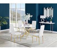 Furniturebox Novara White High Gloss 100Cm Round Dining Table With Gold Starburst Legs & 4 White Milan Faux Leather Chairs