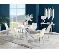 Furniturebox Novara White High Gloss 120Cm Round Dining Table With Chrome Starburst Legs & 6 Cream Pesaro Velvet Chairs