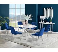 Furniturebox Novara White High Gloss 120Cm Round Dining Table With Chrome Starburst Legs & 6 Navy Pesaro Velvet Chairs