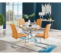 Furniturebox Novara White Marble Effect 100Cm Round Dining Table With Chrome Legs & 4 Mustard Faux Leather Lorenzo Chairs