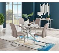 Furniturebox Novara White Marble Effect 100Cm Round Dining Table With Chrome Starburst Legs & 4 Beige Faux Leather Lorenzo Chairs