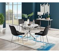 Furniturebox Novara White Marble Effect 100Cm Round Dining Table With Chrome Starburst Legs & 4 Black Velvet Pesaro Chairs