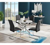 Furniturebox Novara White Marble Effect 100Cm Round Dining Table With Chrome Starburst Legs & 4 Black Faux Leather Lorenzo Chairs