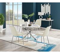 Furniturebox Novara White Marble Effect 100Cm Round Dining Table With Chrome Starburst Legs & 4 Cream Velvet Pesaro Chairs