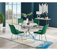 Furniturebox Novara White Marble Effect 100Cm Round Dining Table With Chrome Starburst Legs & 4 Green Velvet Pesaro Chairs