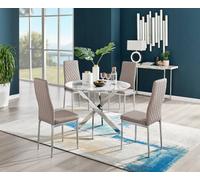 Furniturebox Novara White Marble Effect 100Cm Round Dining Table With Chrome Starburst Legs & 4 Grey Faux Leather Milan Chairs